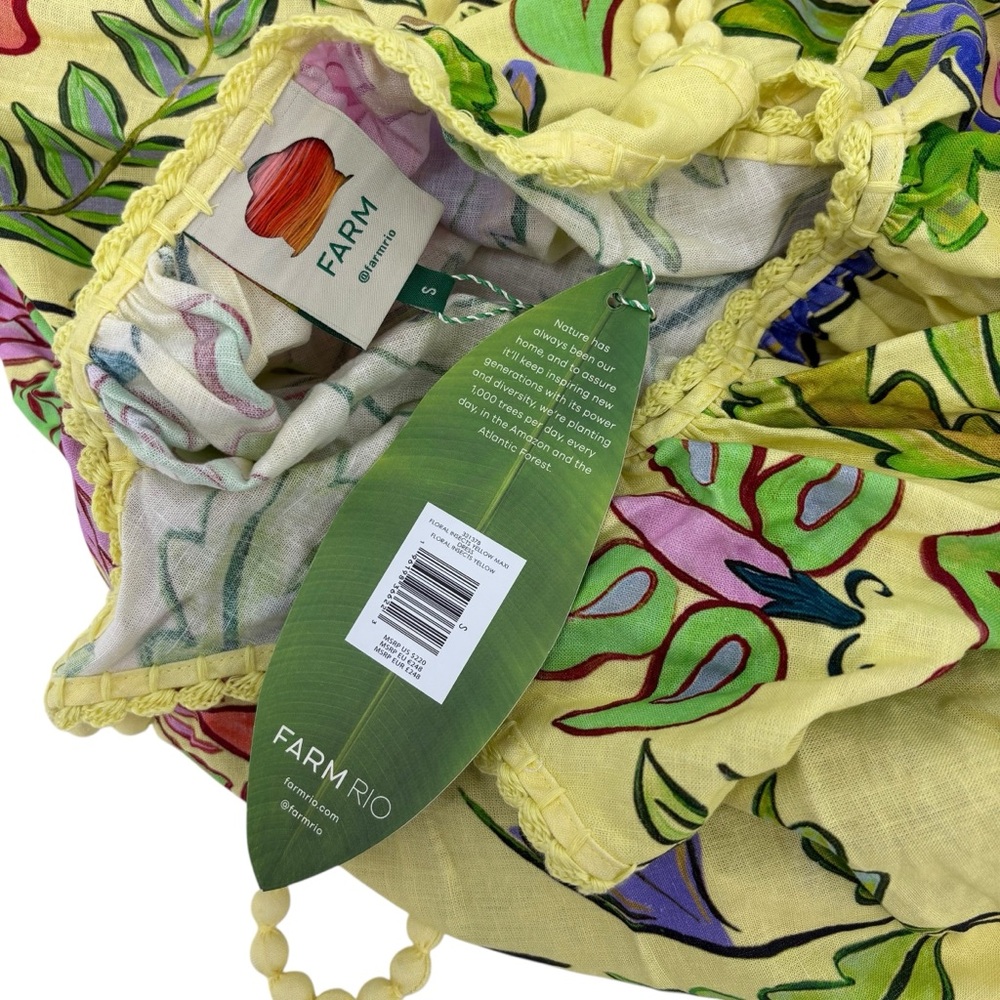 Farm Rio Yellow Floral Insects Flowy Maxi Dress Size Small Sleeveless NWT - Picture 13 of 15